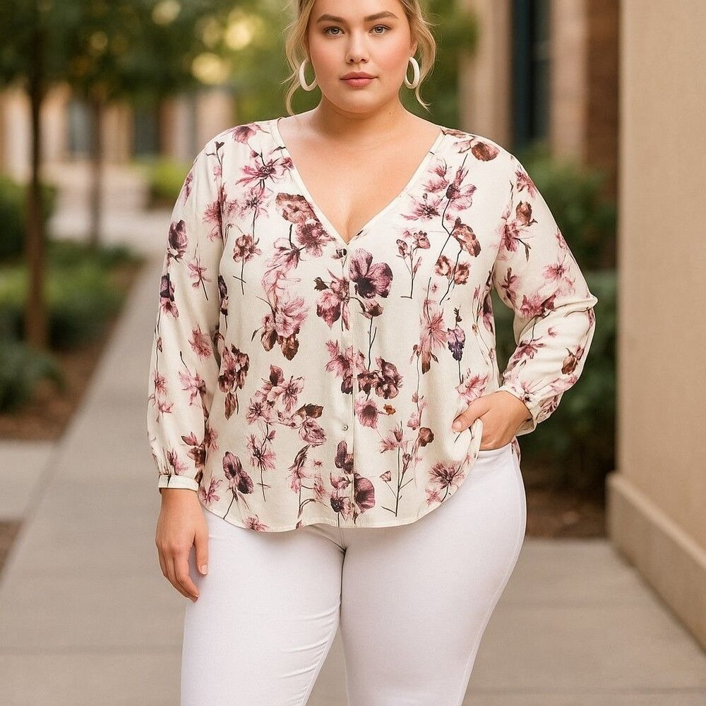 Nordstrom Floral V-Neck Long Sleeve Blouse Womens 1X Lightweight Ivory &‎ Pink